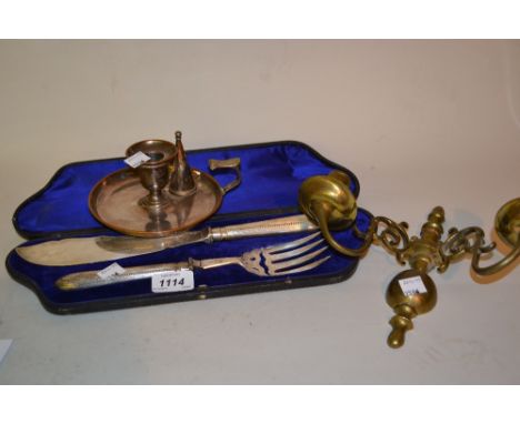 Cased pair of plated fish servers, chamber stick and a wall sconce