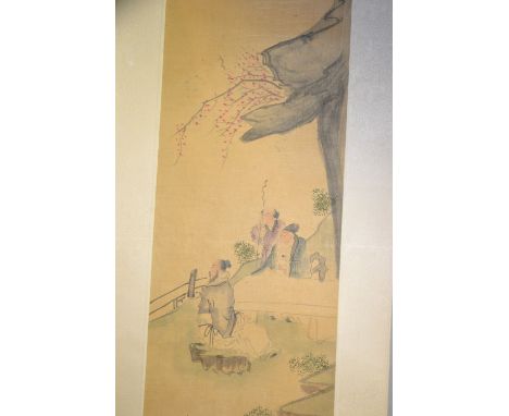 Pair of Chinese scroll paintings, figures in landscapes with script above