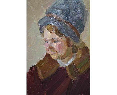 Unframed Russian oil, half length portrait of a lady, monogrammed, together with a signed Russian watercolour, winter river s