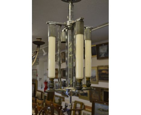 Art Deco chrome four branch chandelier with tube form bulbs