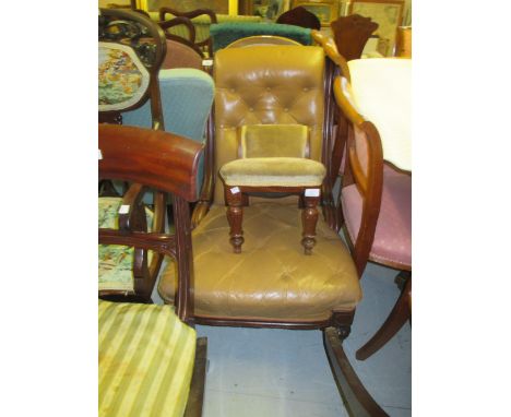 Late Victorian mahogany and button upholstered nursing chair and a similar stool
