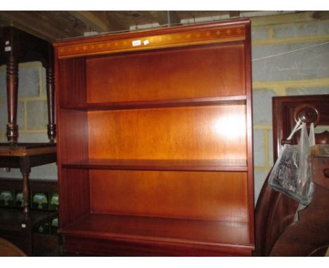 Pair of reproduction inlaid three shelf open bookcases on plinth bases