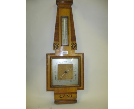 Good quality Art Deco walnut mahogany and inlaid aneroid barometer / thermometer