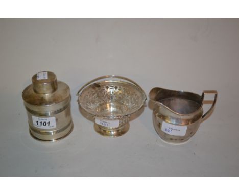 Birmingham silver circular teapoy and cover, a helmet shaped silver cream jug and a Chester silver circular pedestal sweetmea