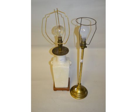 Brass students lamp, a brass table lamp together with a pair of pottery table lamps
