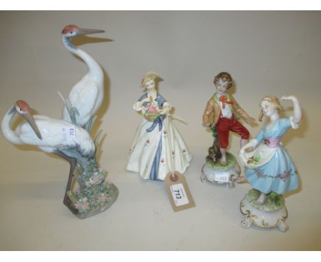 Pair of Naples porcelain figures of a boy and girl dancer, modern Royal Worcester figure of a girl with a basket of flowers a
