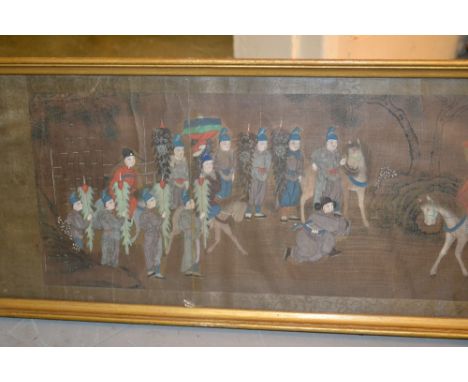 19th Century Chinese scroll picture, watercolour on linen, a procession of figures on horseback in a landscape, 10ins x 82ins