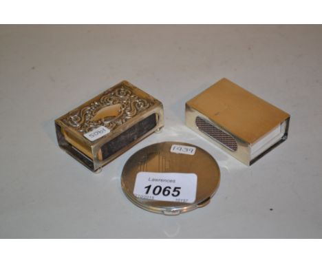 1930's Silver compact, an embossed Birmingham silver match box cover and a white metal match box cover