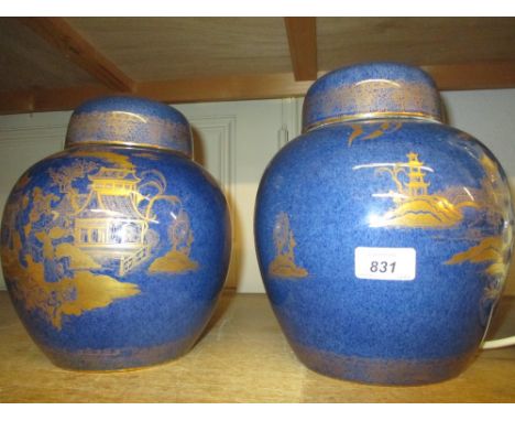 Large Carltonware (W & R mark) ginger jar and cover decorated with chinoiserie scenes in gilt on a mottled blue ground, toget