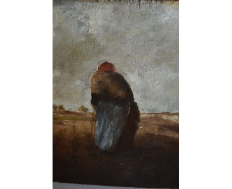 Early 20th Century Dutch school oil on panel, figure working in a field, unframed, 11.5ins x 10ins