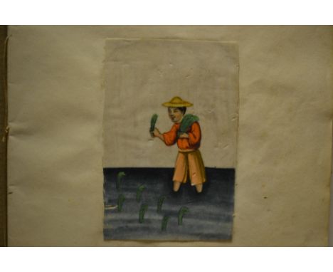 Album containing twelve Chinese paintings on pith paper, various industries, together with three similar portrait paintings