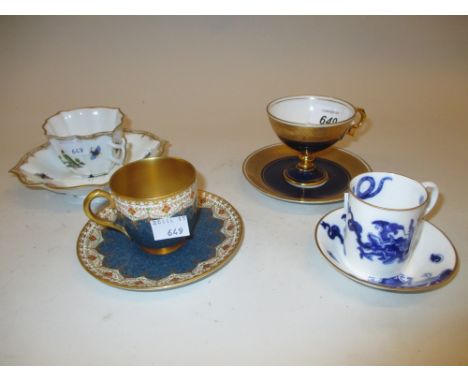 Late Meissen cabinet cup and saucer decorated with birds and insects, a Worcester cup and saucer and two others