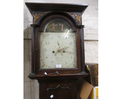 19th Century oak longcase clock, the broken arch dial above an arched panel door and conforming plinth base, the painted dial