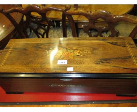 Good quality 19th Century rosewood floral marquetry inlaid musical box, the 12.5in cylinder playing ten airs