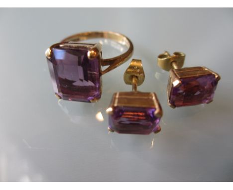 9ct Gold amethyst set ring together with a pair of matching earrings