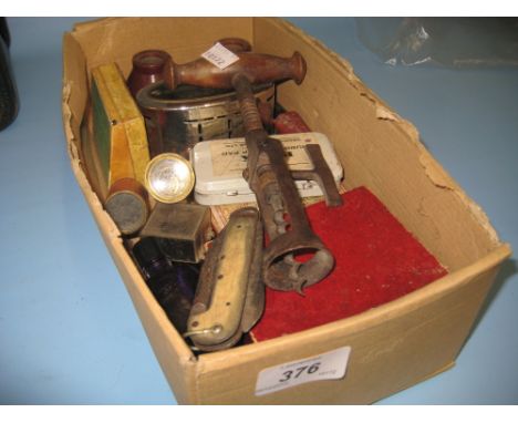 Early 20th Century double action corkscrew with turned wooden handle, horn handled pen knife, two small telescopes and miscel