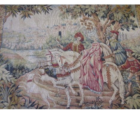 20th Century machine woven tapestry depicting figures in a medieval setting, with hanging pole