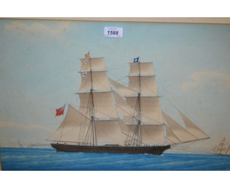 19th Century watercolour, portrait of the brig Louisa of Polruan, Peter Tadd master, off Marseilles, June 5th 1869, unsigned,