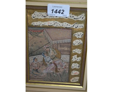 Two framed Indo / Persian school paintings, young lady and courtier with attendant and a hunting scene