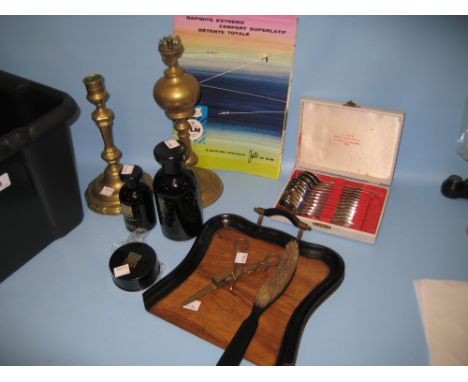 Three various Biba dressing table items, a crumb tray with brush, KLM poster, brass candlestick and table lamp, pair of brass