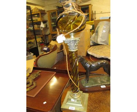 Unusual 19th Century coloured glass and brass Corinthian column oil lamp with square stepped base, adapted for use with elect