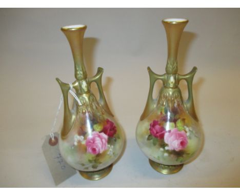 Pair of Royal Worcester two handled slender necked vases with hand painted rose decoration, signed H. Martin