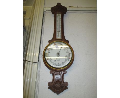 Late Victorian oak banjo aneroid barometer / thermometer