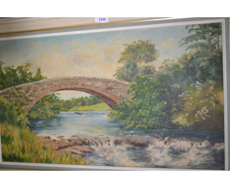 Oil on canvas of a bridge over a river, another framed oil on canvas, quantity of unframed watercolours etc including a sketc