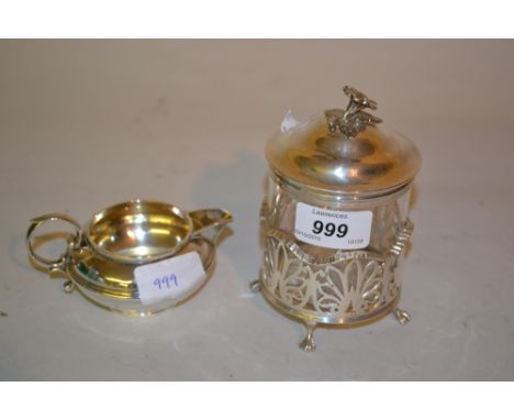 Sheffield silver mounted glass preserve pot with cover and a small Chester silver cream jug