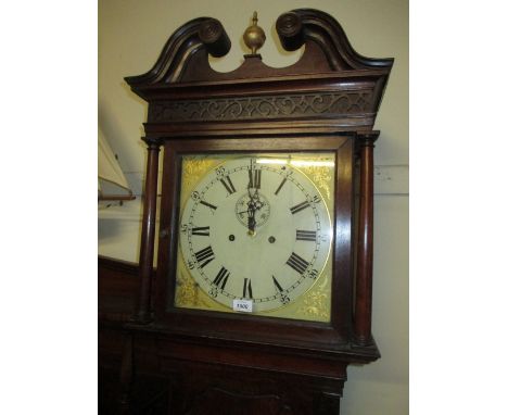 Early 19th Century mahogany longcase clock, the square hood with swan neck pediment and blind fretwork decoration above a sha