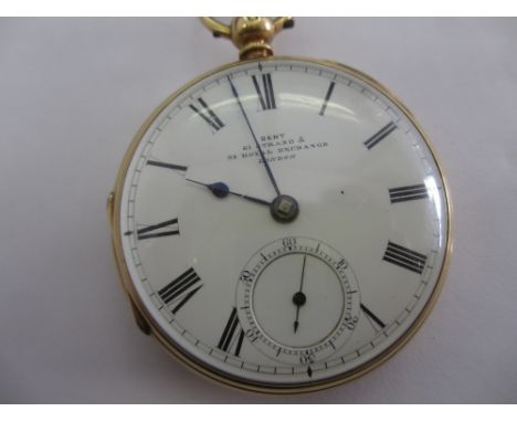Victorian 18ct gold cased open face pocket watch by Dent, 61 Strand and Royal Exchange, London, the enamel dial with Roman nu