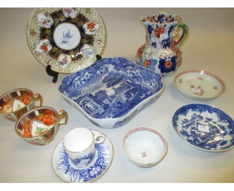 19th Century English plate painted with botanical specimens, a Newhall type tea bowl and saucer, blue and white transfer prin