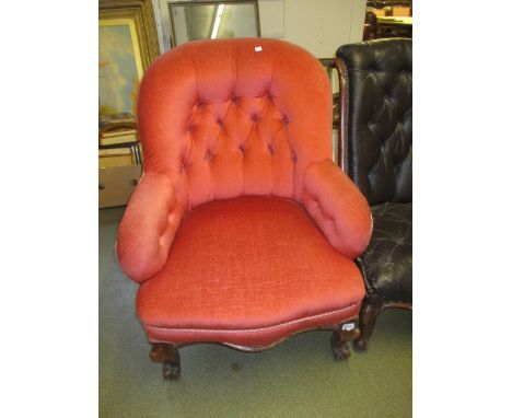 Victorian button upholstered tub shaped drawing room chair on cabriole front supports