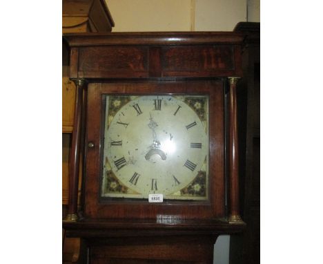 19th Century longcase clock, the square hood flanked by brass capped pilasters with painted dial having date aperture, Roman 