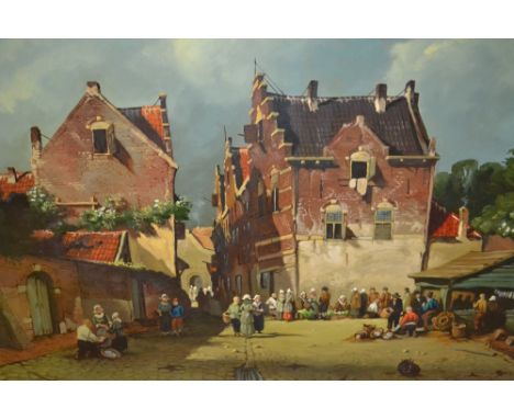 Jan Beekhout, 20th Century Dutch school, oil on panel, figures in a street scene, signed, 19.5ins x 23.5ins, gilt framed and 