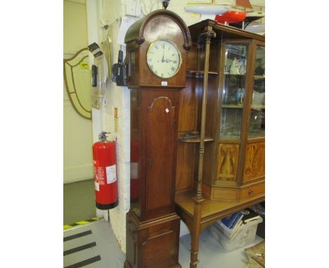 19th Century mahogany Grandmother clock, the arched hood above an arched panel door and conforming plinth base, the circular 