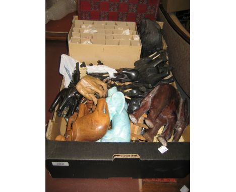 Box containing a quantity of miscellaneous wooden and ceramic elephants etc. and a modern resin chess set with matching board
