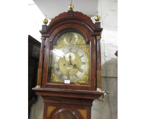 George III mahogany cased eight day longcase clock having arched hood enclosing a brass dial with silvered chapter ring, Roma