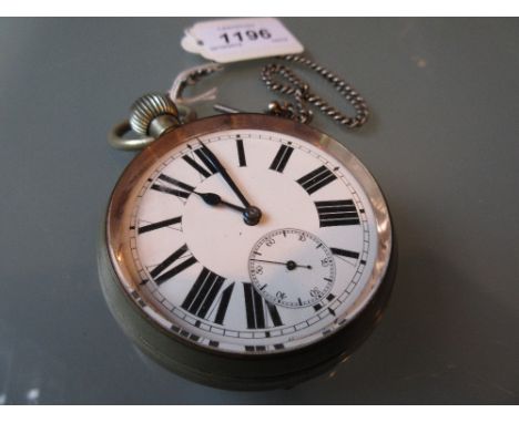 Silver plated cased Goliath pocket watch having enamel dial with Roman numerals and subsidiary seconds with a plated fob chai