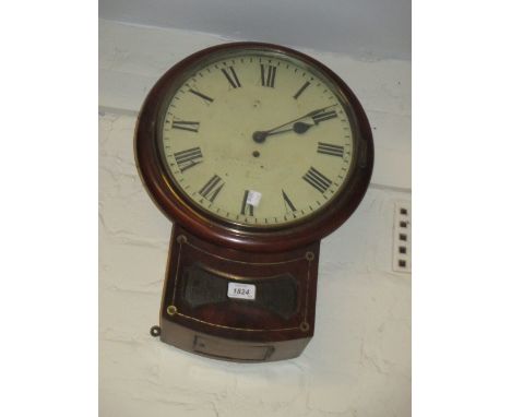 Regency mahogany brass inlaid drop-dial wall clock, the enamel dial with Roman numerals with a single train fusee movement