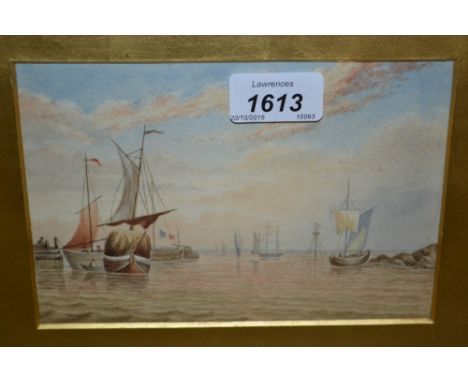 Small gilt framed watercolour, coastal inlet with boats, gouache of a  sailing ship in heavy seas, signed F. Norris and a 19t