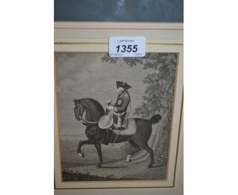 Framed engraving ' Frederick the Great on Horseback ' together with a pair of framed etchings, two watercolours and a hunting