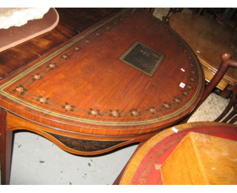 19th Century satinwood half round side table in Sheraton style, the top having painted chinoiserie panel within a border of f