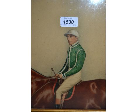 Joshua Dighton, watercolour, portrait of a jockey on horseback, titled ' A Nightingale ', 2.5ins x 8.5ins, inscribed on the g
