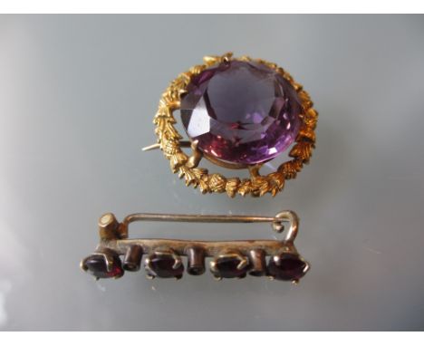 Circular 15ct gold amethyst set brooch together with a small four stone garnet set brooch