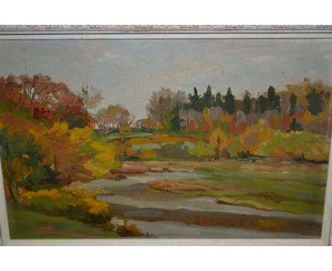 Alaine Goenvec, 20th Century oil on panel, French river landscape, signed with initials and dated '53, also with labels verso