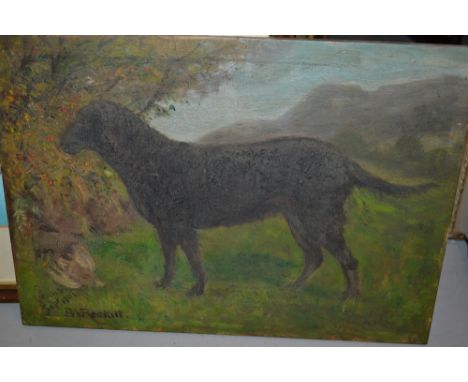 F.W. Reckitt, signed oil on panel, portrait of a dog in a landscape, unframed, 10ins x 14ins