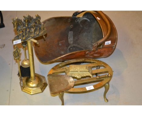 Copper coal scuttle, brass trivit and various other fire tools etc.