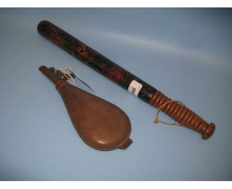 19th Century painted police truncheon together with a leather and brass mounted shot flask