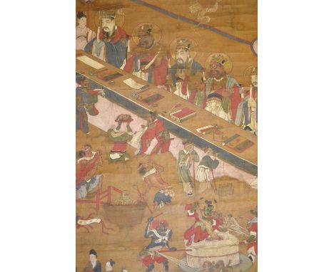 Antique Chinese scroll painting on linen, study of mythical figures and deities (some damages - unframed and rolled)